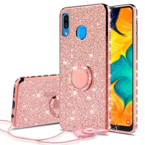 Samsung Galaxy A20 Case, Glitter Cute Phone Case Girls with Kickstand,Bling Diamond Rhinestone Bumper Ring Stand Sparkly Luxury Clear Thin Soft Protective Samsung Galaxy A20 Case for Girl Women - Rose Gold