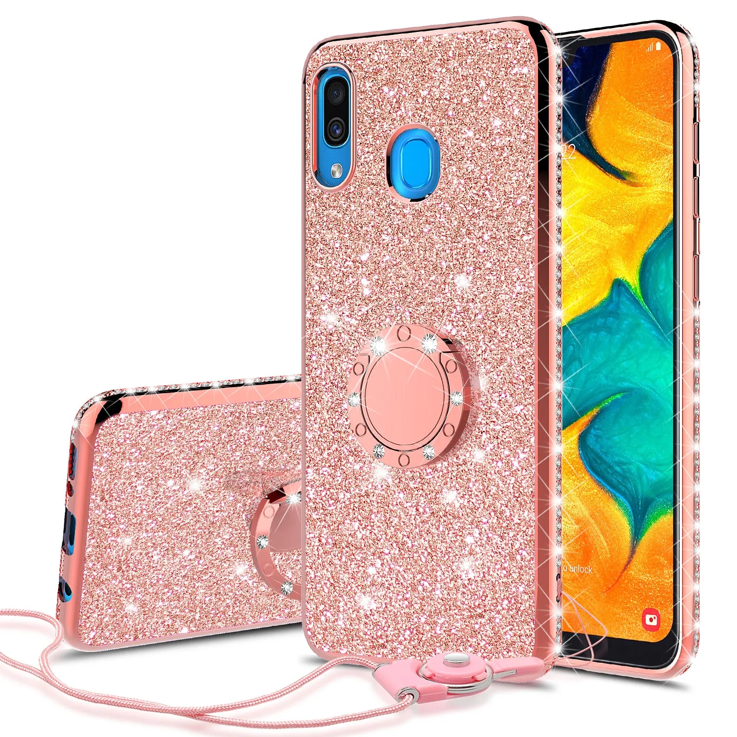 Samsung Galaxy A20 Case, Glitter Cute Phone Case Girls with Kickstand,Bling Diamond Rhinestone Bumper Ring Stand Sparkly Luxury Clear Thin Soft Protective Samsung Galaxy A20 Case for Girl Women - Rose Gold