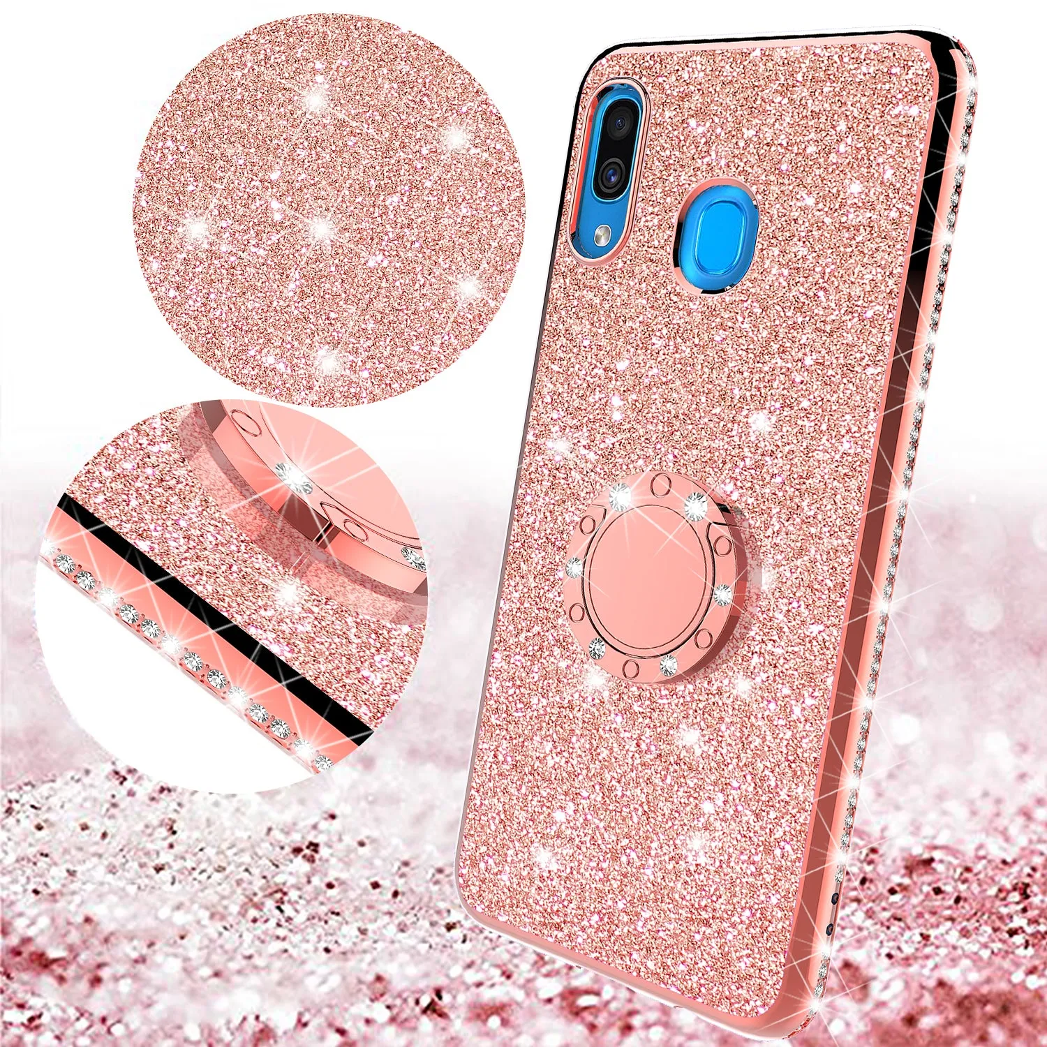 Samsung Galaxy A20 Case, Glitter Cute Phone Case Girls with Kickstand,Bling Diamond Rhinestone Bumper Ring Stand Sparkly Luxury Clear Thin Soft Protective Samsung Galaxy A20 Case for Girl Women - Rose Gold