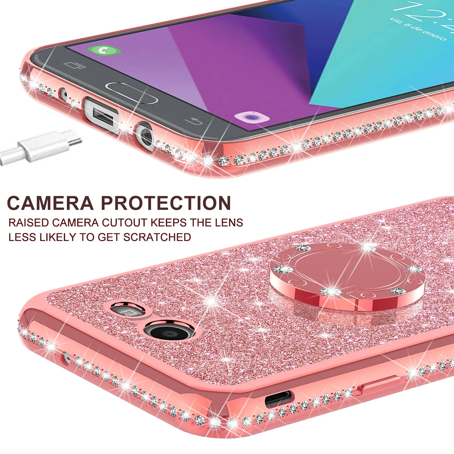 Samsung Galaxy J7 (2017) / J7 Sky Pro / J7 Perx / J7 V Case, Glitter Cute Phone Case Girls with Kickstand,Bling Diamond Rhinestone Bumper Ring Stand Sparkly Luxury Clear Thin Soft Protective Samsung Galaxy J7 (2017) Case for Girl Women - Rose Gold