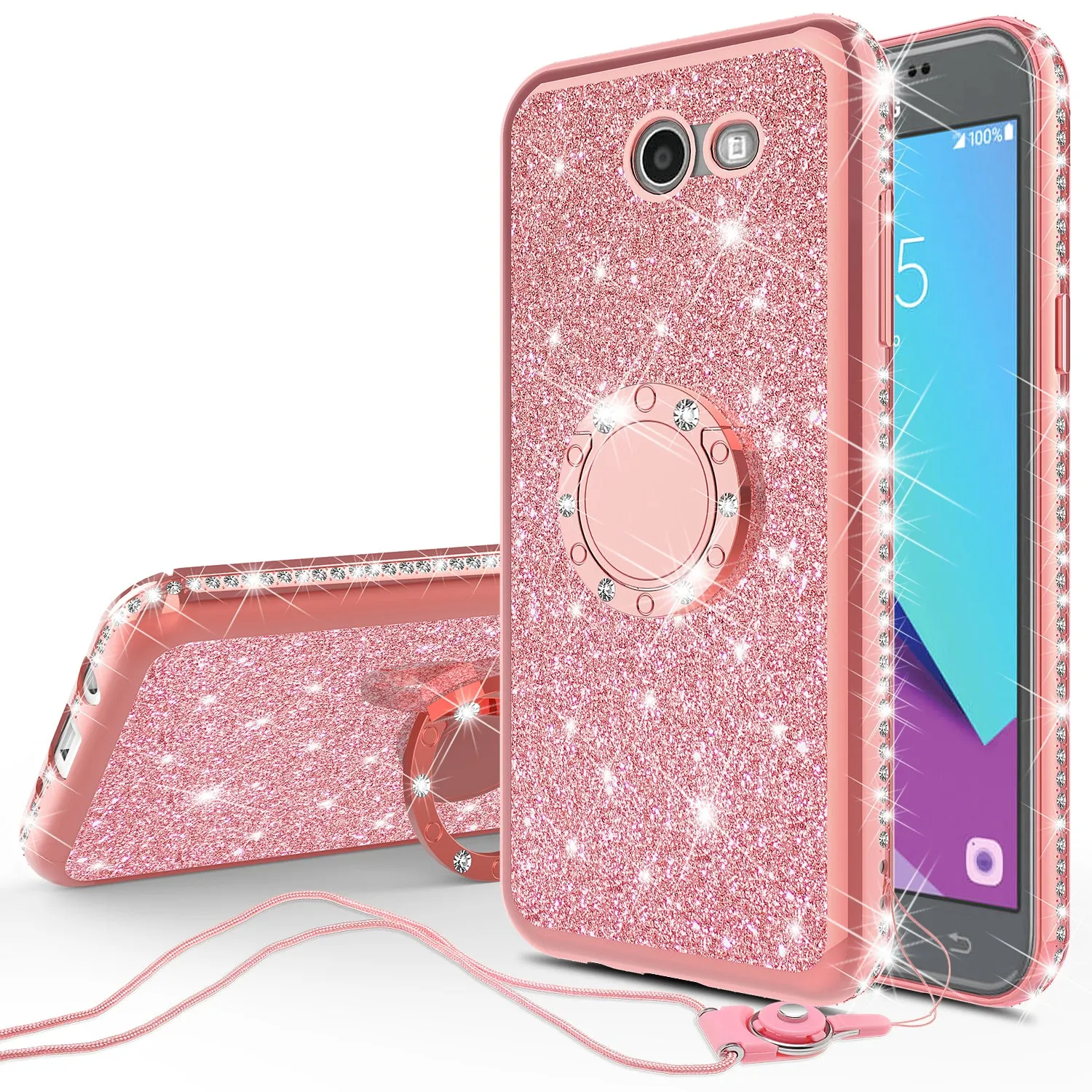 Samsung Galaxy J7 (2017) / J7 Sky Pro / J7 Perx / J7 V Case, Glitter Cute Phone Case Girls with Kickstand,Bling Diamond Rhinestone Bumper Ring Stand Sparkly Luxury Clear Thin Soft Protective Samsung Galaxy J7 (2017) Case for Girl Women - Rose Gold