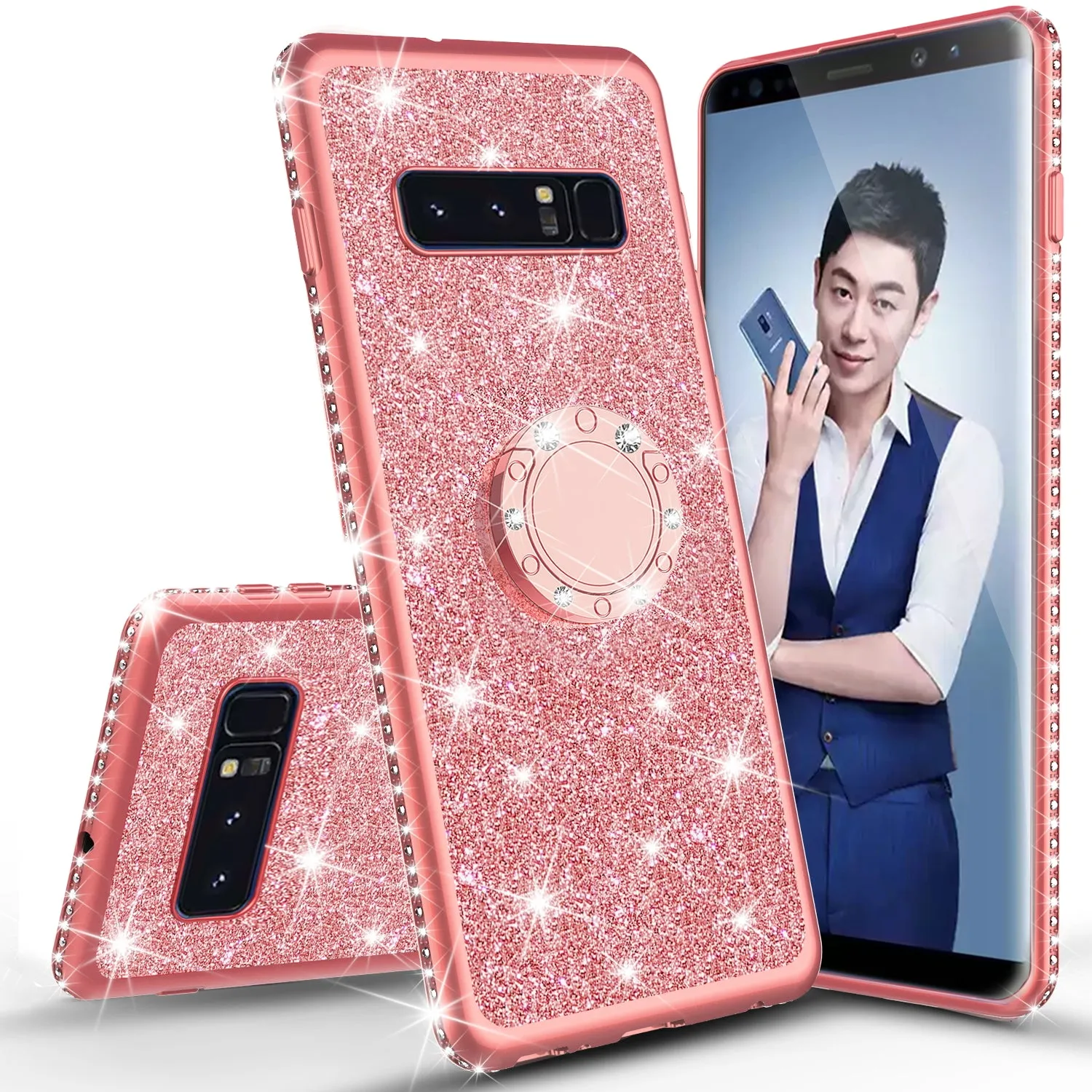 Samsung Galaxy S10 Plus Case, Galaxy S10  Case, Glitter Cute Phone Case Girls with Kickstand,Bling Diamond Rhinestone Bumper Ring Stand Sparkly Luxury Clear Thin Soft Protective Samsung S10 Plus Case for Girl Women - Rose Gold