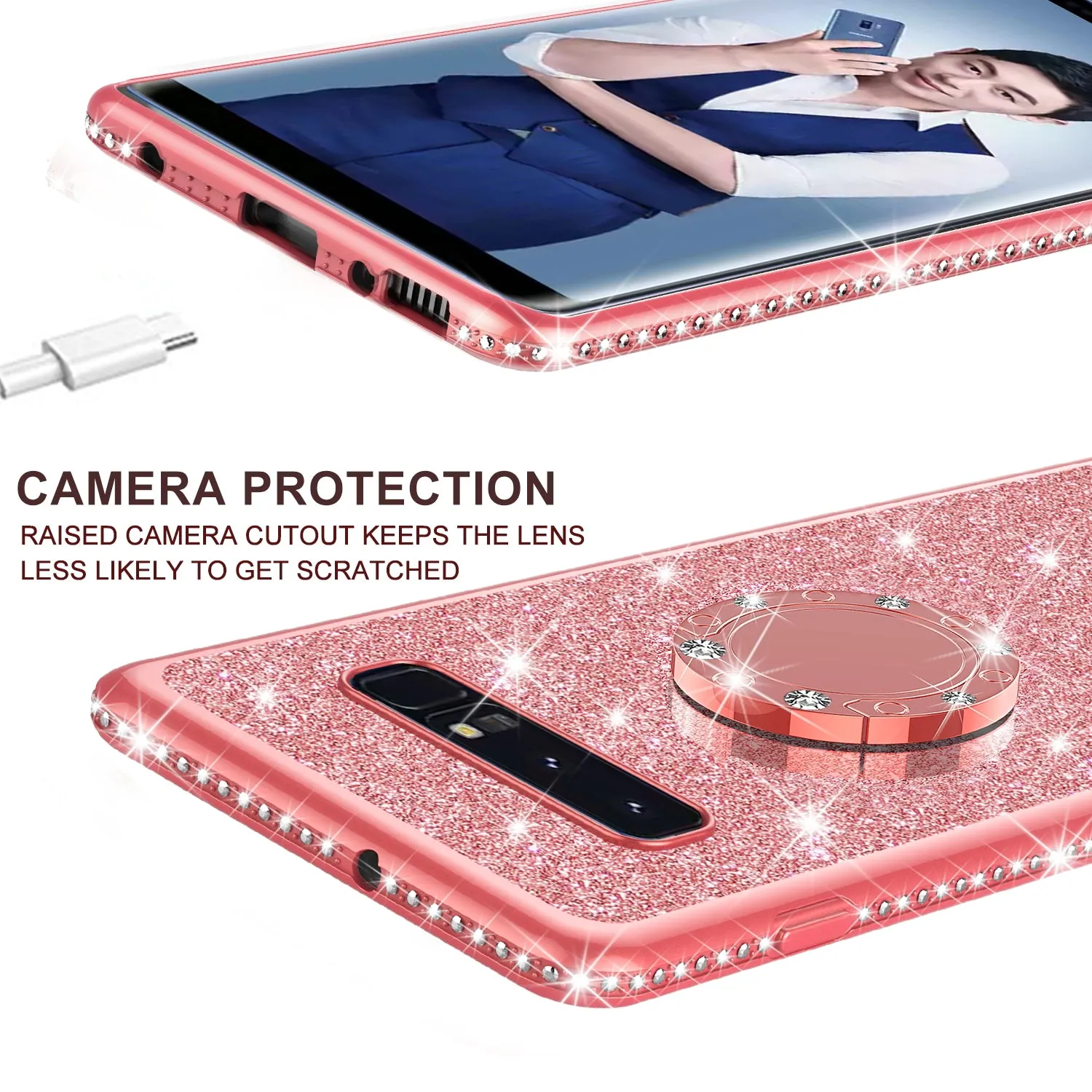 Samsung Galaxy S10 Plus Case, Galaxy S10  Case, Glitter Cute Phone Case Girls with Kickstand,Bling Diamond Rhinestone Bumper Ring Stand Sparkly Luxury Clear Thin Soft Protective Samsung S10 Plus Case for Girl Women - Rose Gold