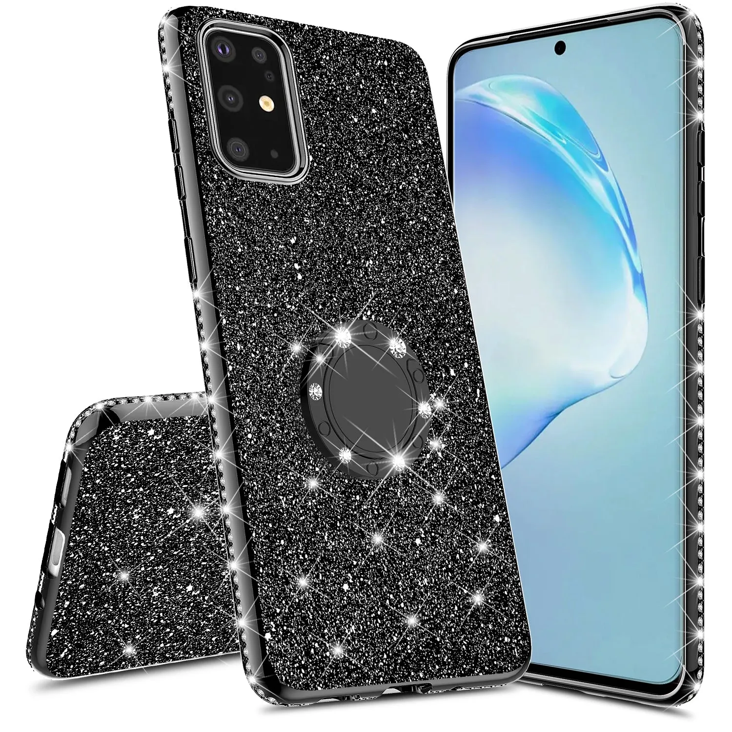 Samsung Galaxy S20 Plus/Galaxy S20  Case, Glitter Cute Phone Case Girls with Kickstand,Bling Diamond Rhinestone Bumper Ring Stand Sparkly Luxury Clear Thin Soft Protective Samsung Galaxy S20 Plus/Galaxy S20  Case for Girl Women - Black