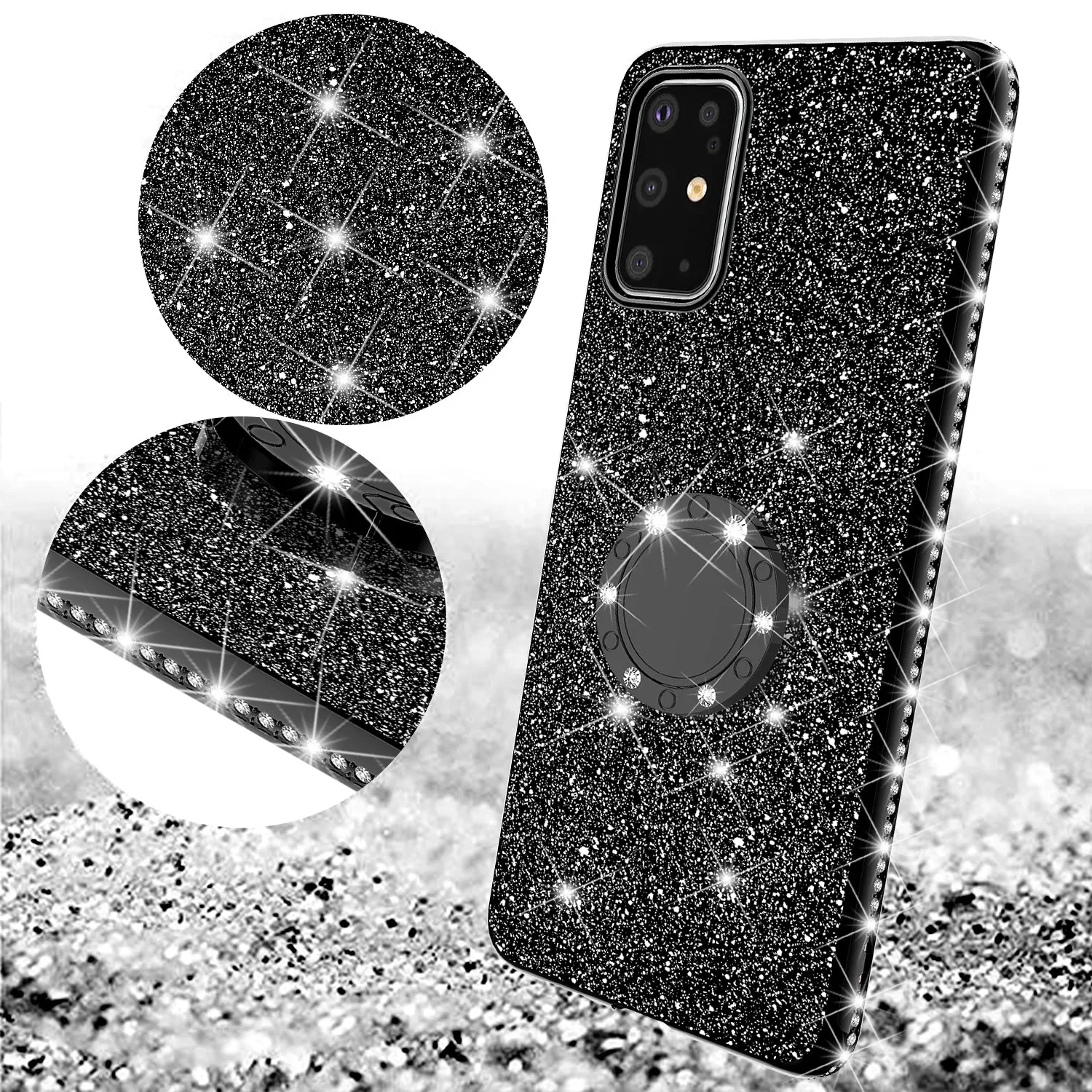 Samsung Galaxy S20 Plus/Galaxy S20  Case, Glitter Cute Phone Case Girls with Kickstand,Bling Diamond Rhinestone Bumper Ring Stand Sparkly Luxury Clear Thin Soft Protective Samsung Galaxy S20 Plus/Galaxy S20  Case for Girl Women - Black