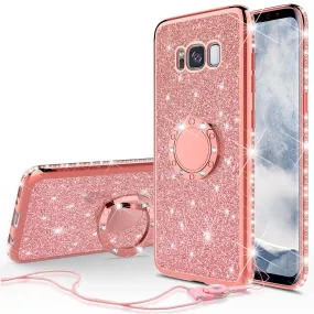 Samsung Galaxy S8 Plus Case, SM-G955 Case, Glitter Cute Phone Case Girls with Kickstand,Bling Diamond Rhinestone Bumper Ring Stand Sparkly Luxury Clear Thin Soft Protective Samsung Galaxy S8 Plus Case for Girl Women - Rose Gold