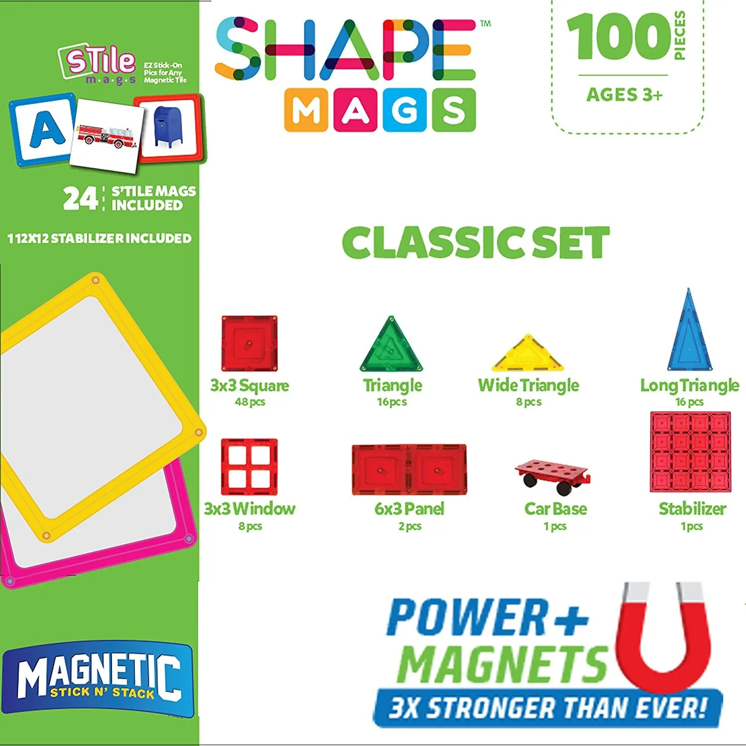 Shapemags 124 Piece Set, Made With Power Magnets, 100 Clear Color Tiles, Includes 24 StileMags, 12X12 Stabilizer Plate and Car Base