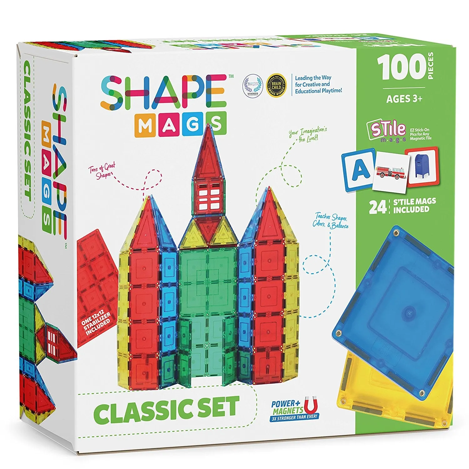 Shapemags 124 Piece Set, Made With Power Magnets, 100 Clear Color Tiles, Includes 24 StileMags, 12X12 Stabilizer Plate and Car Base