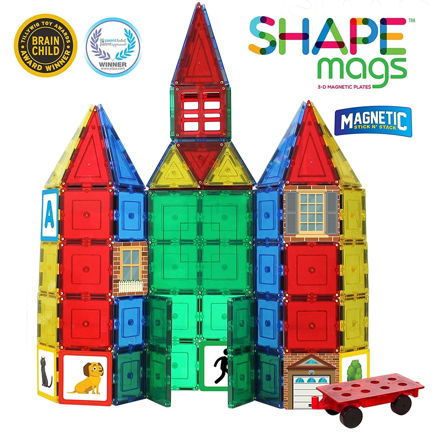 Shapemags 124 Piece Set, Made With Power Magnets, 100 Clear Color Tiles, Includes 24 StileMags, 12X12 Stabilizer Plate and Car Base