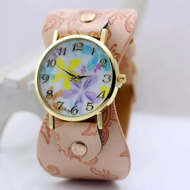 shsby Printed leather Bracelet Wristwatch Wide band women dress Watch colorful flowers shsby Women Casual Watch girl's gift