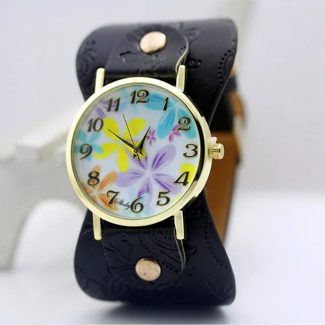 shsby Printed leather Bracelet Wristwatch Wide band women dress Watch colorful flowers shsby Women Casual Watch girl's gift