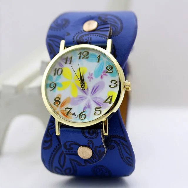 shsby Printed leather Bracelet Wristwatch Wide band women dress Watch colorful flowers shsby Women Casual Watch girl's gift