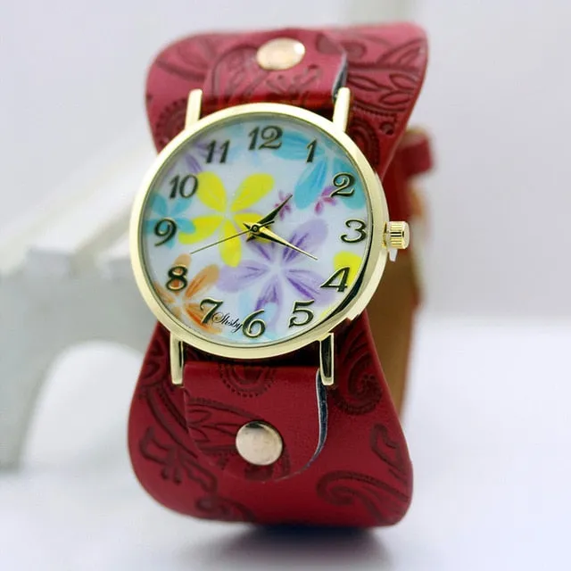 shsby Printed leather Bracelet Wristwatch Wide band women dress Watch colorful flowers shsby Women Casual Watch girl's gift