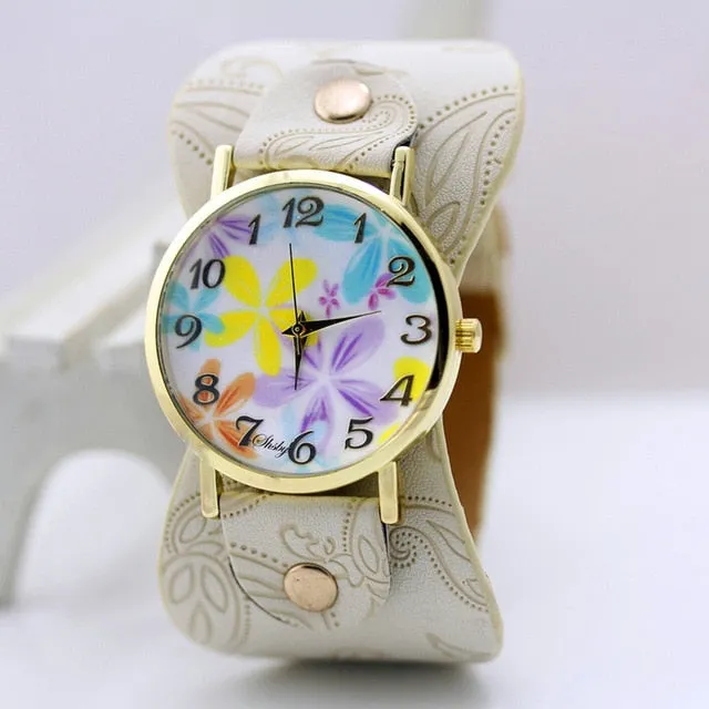 shsby Printed leather Bracelet Wristwatch Wide band women dress Watch colorful flowers shsby Women Casual Watch girl's gift