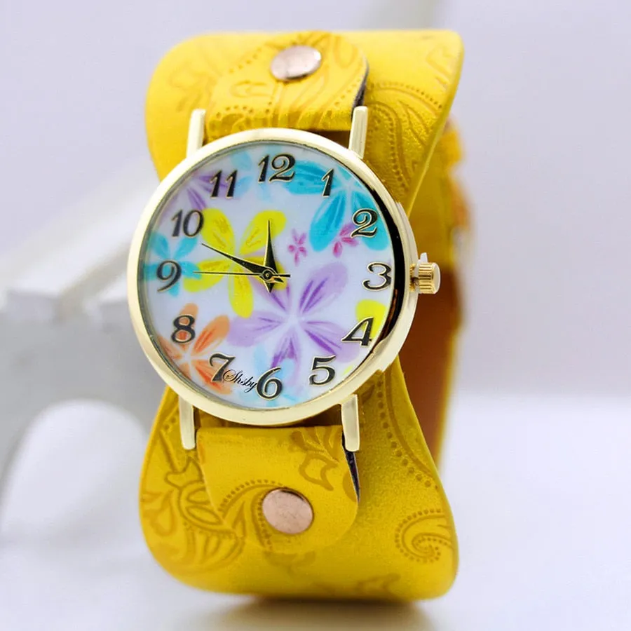 shsby Printed leather Bracelet Wristwatch Wide band women dress Watch colorful flowers shsby Women Casual Watch girl's gift