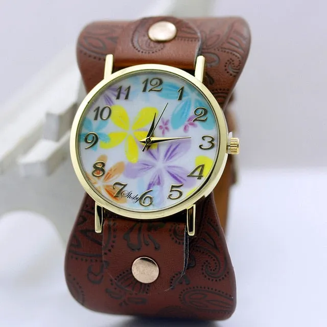 shsby Printed leather Bracelet Wristwatch Wide band women dress Watch colorful flowers shsby Women Casual Watch girl's gift