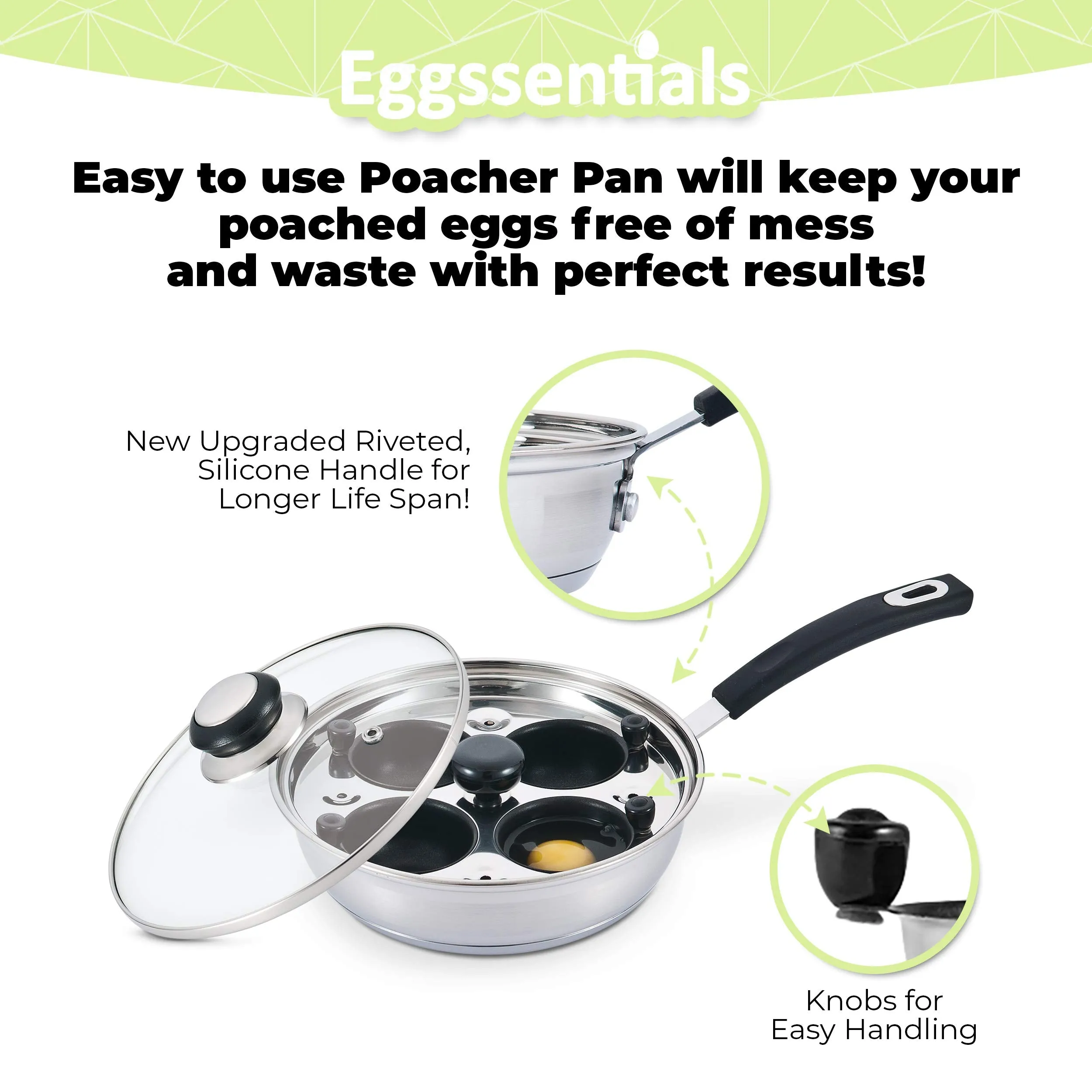 Stainless Steel 4 Cup Egg Poacher Pan Non Stick Poaching Cups With Lid & Spatula