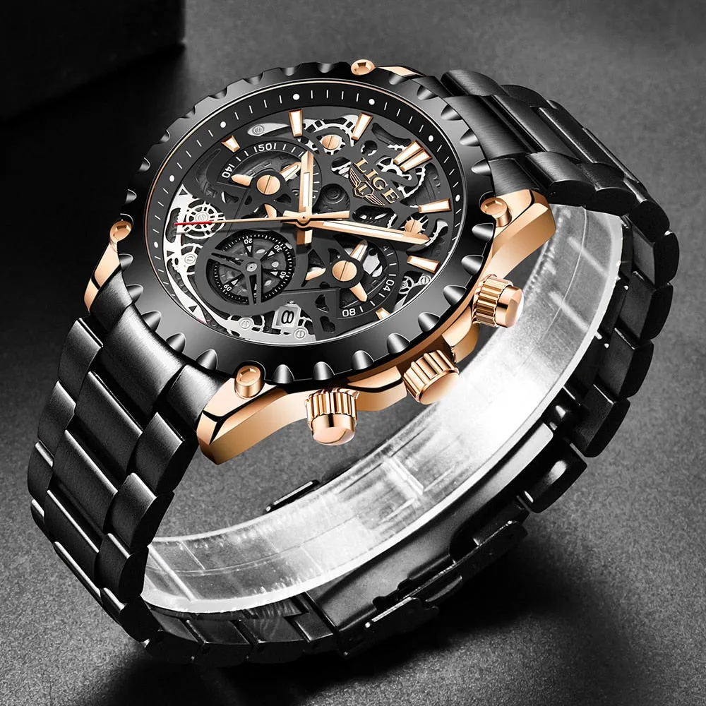 Stainless Steel Hollow Mens Watches Top Brand Sport Waterproof Quartz Watch Men Military Wristwatch