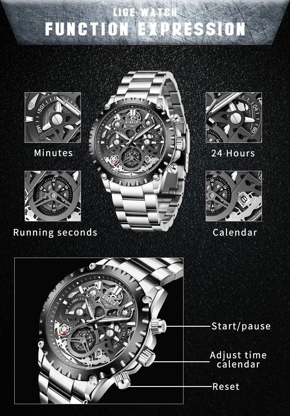 Stainless Steel Hollow Mens Watches Top Brand Sport Waterproof Quartz Watch Men Military Wristwatch