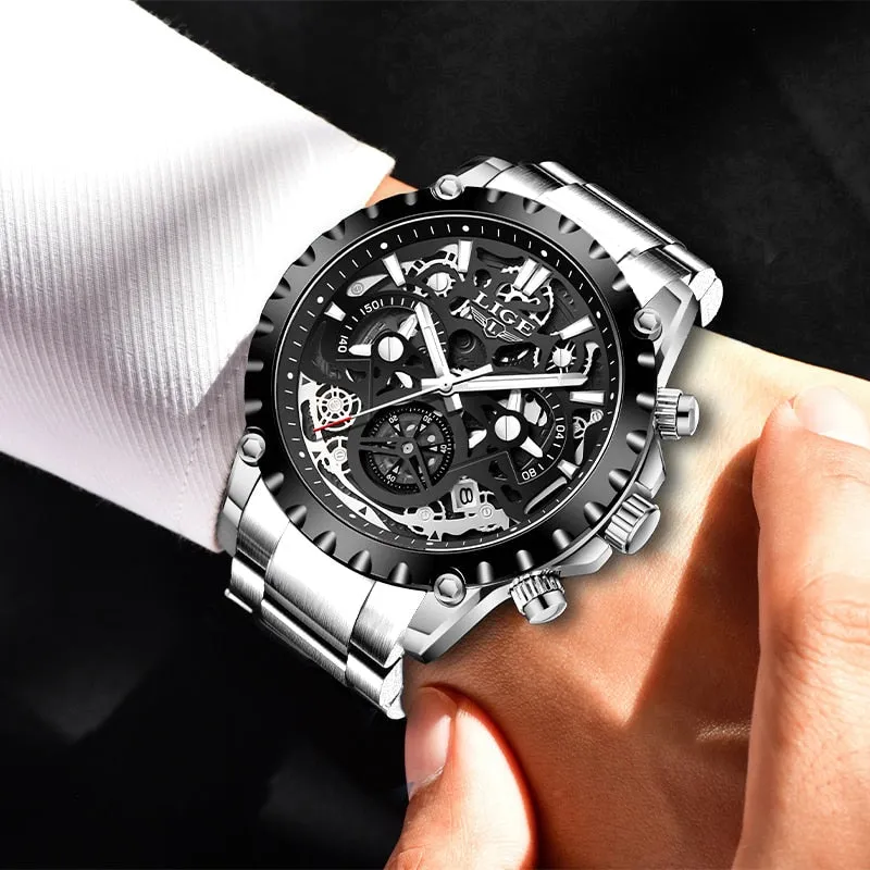 Stainless Steel Hollow Mens Watches Top Brand Sport Waterproof Quartz Watch Men Military Wristwatch