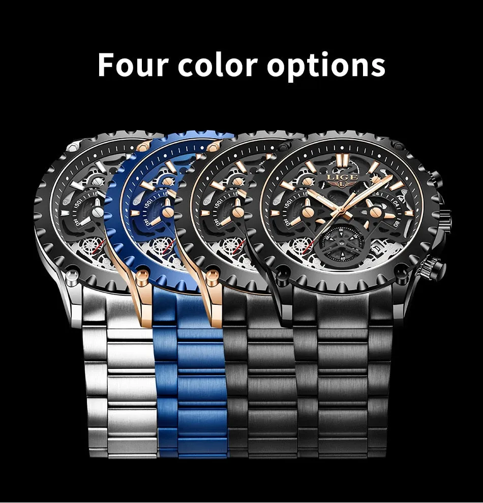 Stainless Steel Hollow Mens Watches Top Brand Sport Waterproof Quartz Watch Men Military Wristwatch