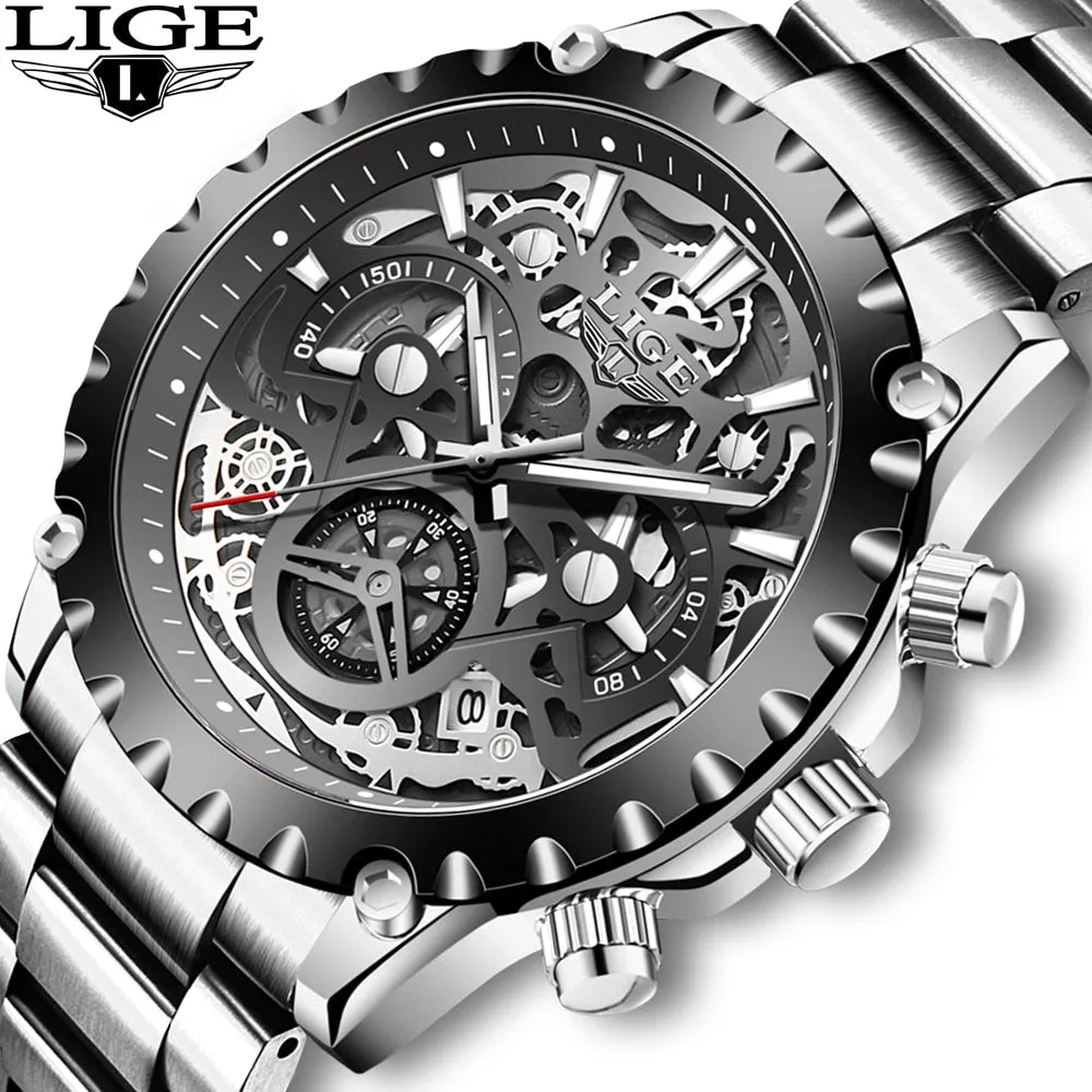 Stainless Steel Hollow Mens Watches Top Brand Sport Waterproof Quartz Watch Men Military Wristwatch