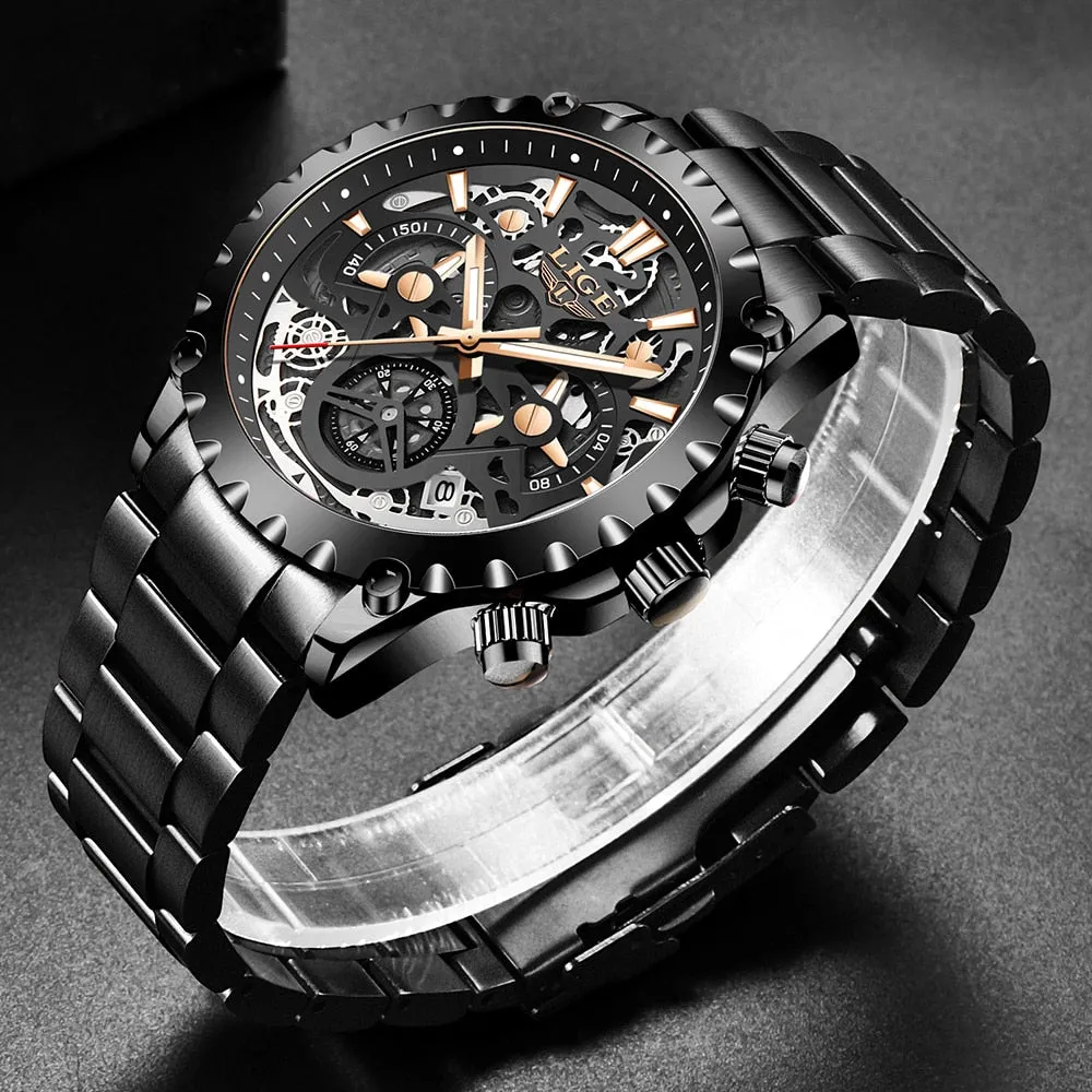 Stainless Steel Hollow Mens Watches Top Brand Sport Waterproof Quartz Watch Men Military Wristwatch