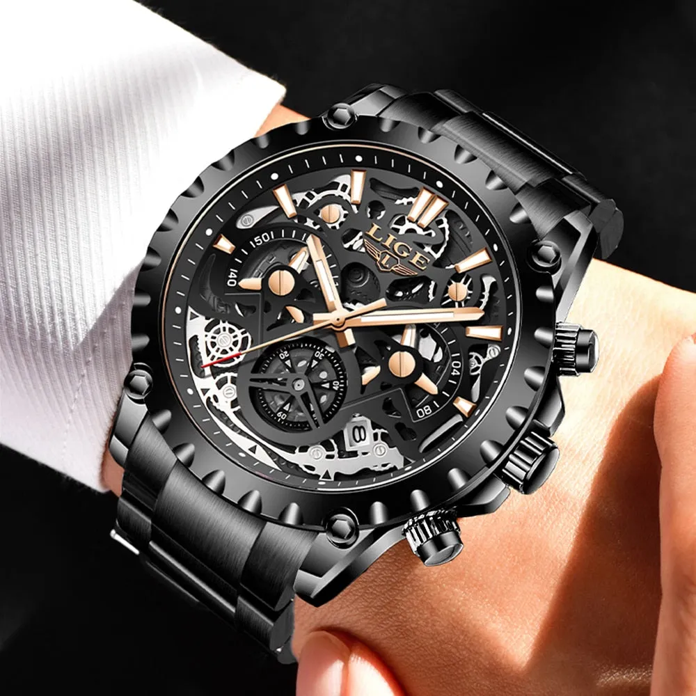 Stainless Steel Hollow Mens Watches Top Brand Sport Waterproof Quartz Watch Men Military Wristwatch