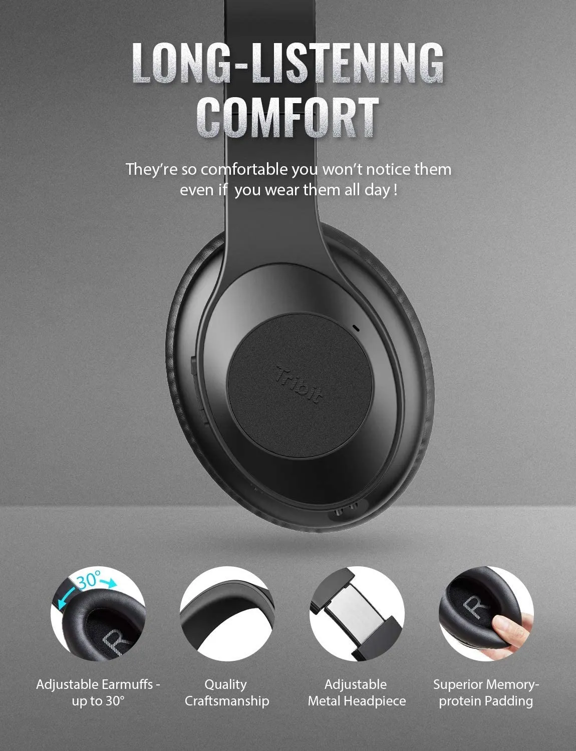 Tribit QuietPlus Wireless Headphones Bluetooth 5.0 Over Ear Foldable with Microphone Memory Padding Noise Cancelling 30h Playtime Hi-Fi Stereo Sound BTH100