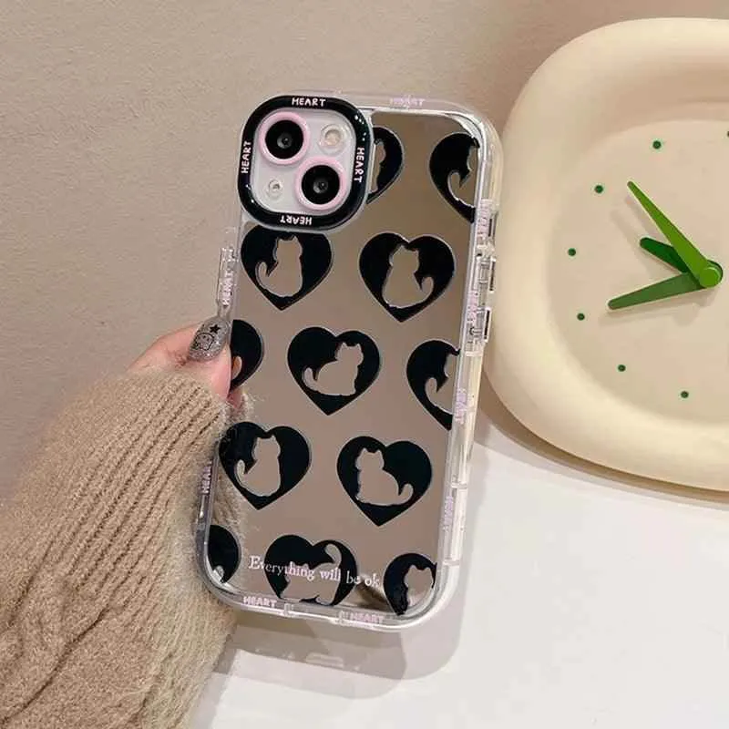 TSP90 Cute Phone Cases For iPhone 15 Pro Max, 14, 13, 11, and 12 - Cat Heart Plating Mirror Back Cover