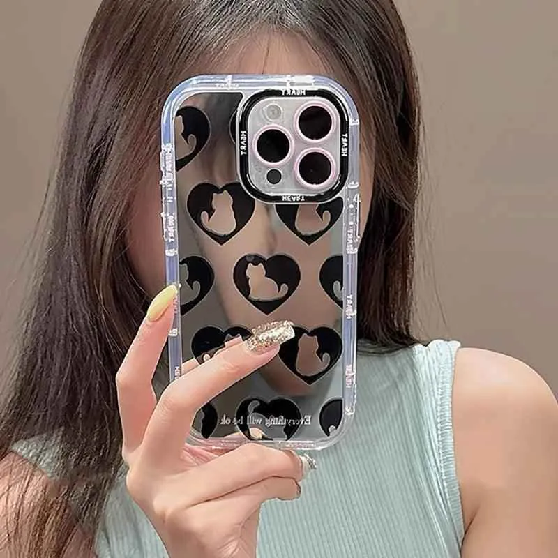 TSP90 Cute Phone Cases For iPhone 15 Pro Max, 14, 13, 11, and 12 - Cat Heart Plating Mirror Back Cover