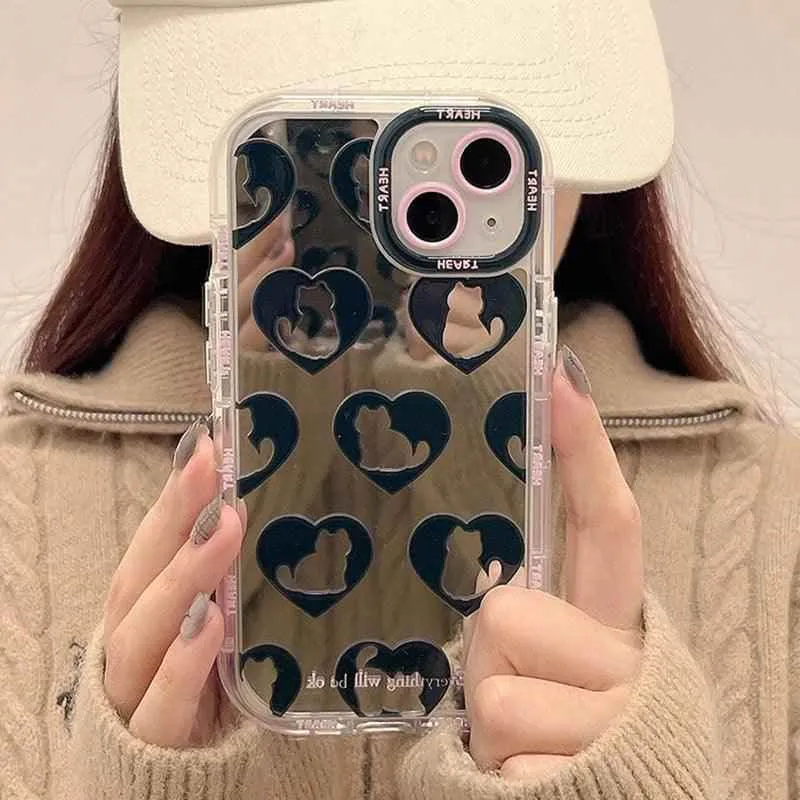 TSP90 Cute Phone Cases For iPhone 15 Pro Max, 14, 13, 11, and 12 - Cat Heart Plating Mirror Back Cover