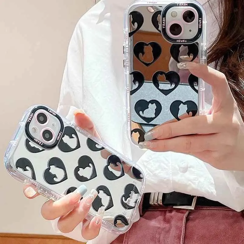 TSP90 Cute Phone Cases For iPhone 15 Pro Max, 14, 13, 11, and 12 - Cat Heart Plating Mirror Back Cover