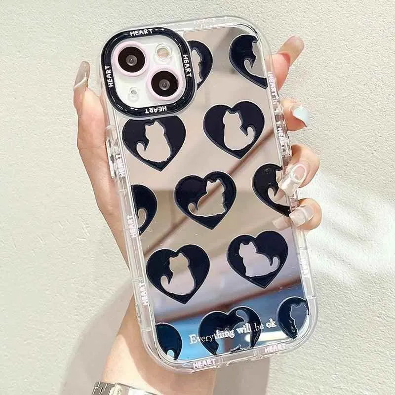 TSP90 Cute Phone Cases For iPhone 15 Pro Max, 14, 13, 11, and 12 - Cat Heart Plating Mirror Back Cover