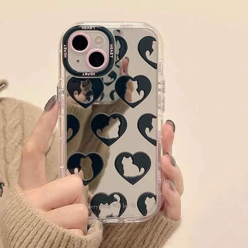 TSP90 Cute Phone Cases For iPhone 15 Pro Max, 14, 13, 11, and 12 - Cat Heart Plating Mirror Back Cover