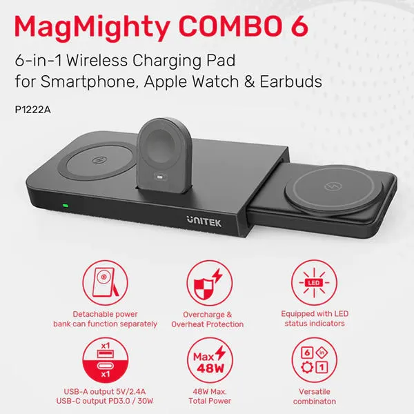 Unitek MagMighty COMBO 6 6-in-1 Wireless Charging Pad for Smartphone, Apple Watch & Earbuds