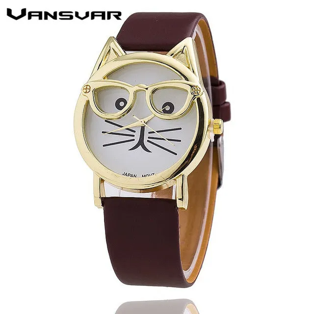 Vansvar Hot Sale Glasses Cat Watch Fashion Leather Strap Wrist Watch Women Quartz Watches Reloj Mujer Relogio Feminino 1597