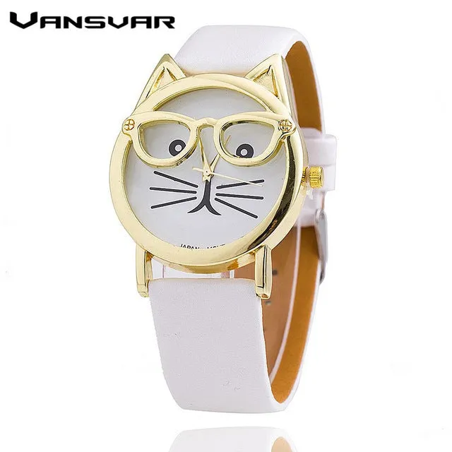 Vansvar Hot Sale Glasses Cat Watch Fashion Leather Strap Wrist Watch Women Quartz Watches Reloj Mujer Relogio Feminino 1597