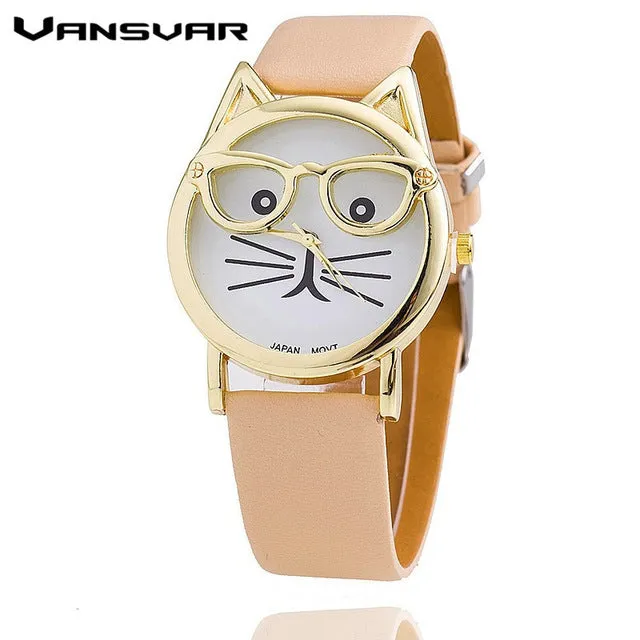 Vansvar Hot Sale Glasses Cat Watch Fashion Leather Strap Wrist Watch Women Quartz Watches Reloj Mujer Relogio Feminino 1597