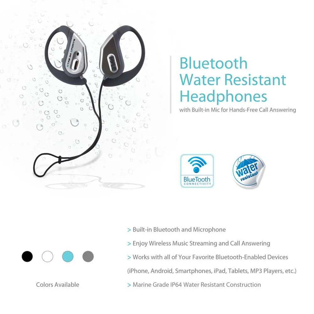 Water Resistant Bluetooth Sports Headphones - Weatherproof Headphones With Built-In Mic For Hands-Free Talking Ability (Silver)